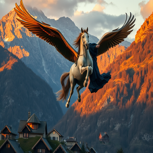 a majestic winged horse and a powerful witch soaring through a picturesque mountainous landscape with quaint houses below, captured with a Canon EOS R5, 24mm lens, f/4 aperture, 1/250s shutter speed, in golden hour lighting for enhanced dramatic effect and vivid colors