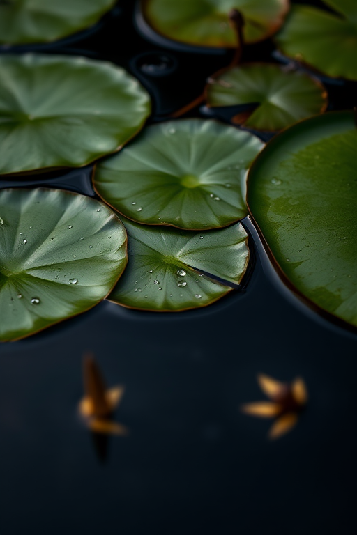 Close-up of lily pads floating on a dark pond with water droplets, using a DSLR camera with a 50mm lens, aperture f/2.8, shutter speed 1/200s, ISO 100, natural lighting.