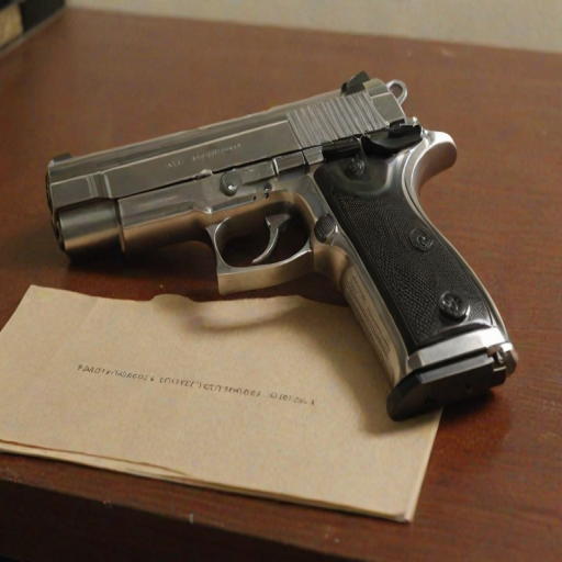 shiny skin, handgun resting on desk , mature, adult"