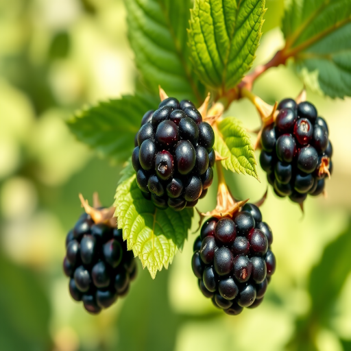 Draw a realistic illustration of three blackberries with green leaves, using a high-resolution camera at 50mm f/2.8 with natural lighting and a shallow depth of field to enhance detail and texture.
