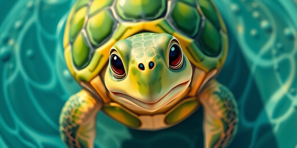 Create a vibrant cartoon-style image of a cheerful green turtle with a hexagonal shell pattern, overhead view, captured with a DSLR camera at f/2.8, 1/250s shutter speed, ISO 100, using a macro lens.