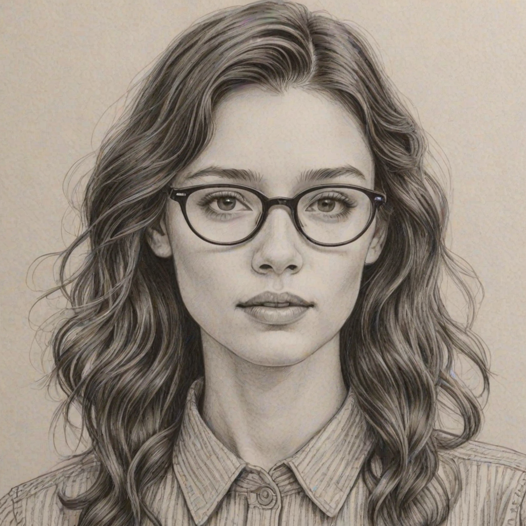 Bewitching Astrid Berges-Frisbey, pencil sketch, portrait of Superb woman 1935s in glasses, hair style beatnik, outline, clear lines, fine lines, 8k