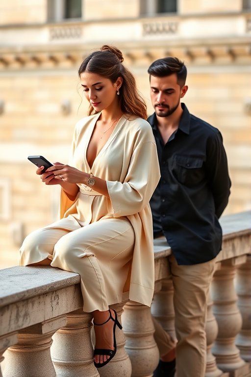 portrait of a woman in a cream outfit sitting on a stone railing looking at her phone next to a man in a black shirt, shallow depth of field, natural light, 85mm lens, f/1.8 aperture, ISO 200, captured with a full-frame DSLR.
