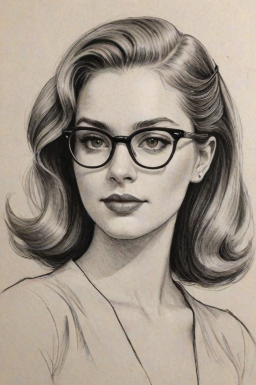 Alluring Caitlin Gerard, pencil sketch, portrait of Lovely woman 1943s in glasses, hair style beatnik, outline, clear lines, fine lines, 8k