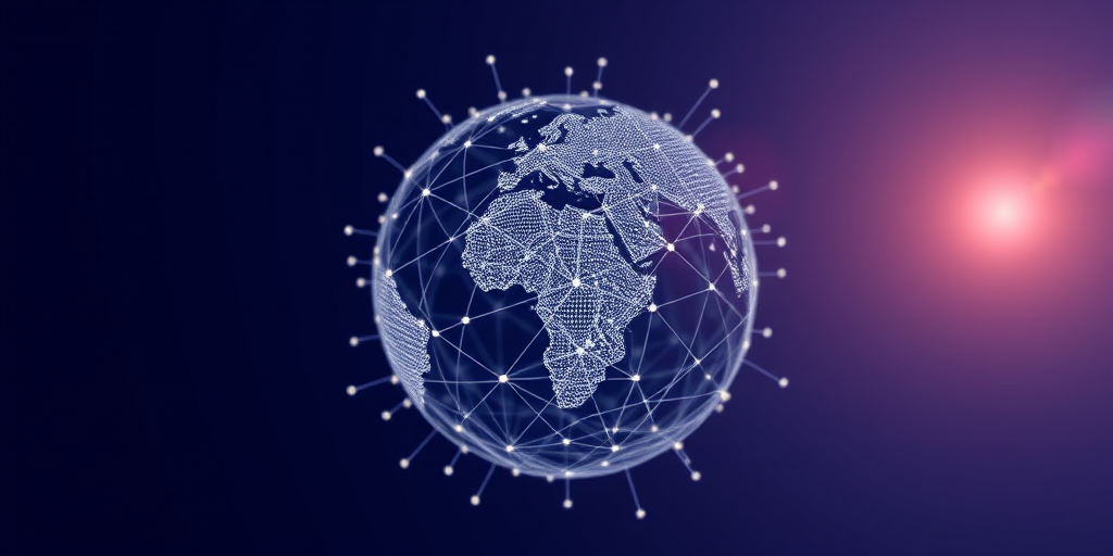 Create a digital image of a spherical globe composed of interconnected lines and points, set against a deep blue background with a dynamic burst effect, using a 50mm lens at f/1.8, ISO 100, and a shallow depth of field for a smooth bokeh effect, with a wide-angle view to capture the full extent of the visual elements.