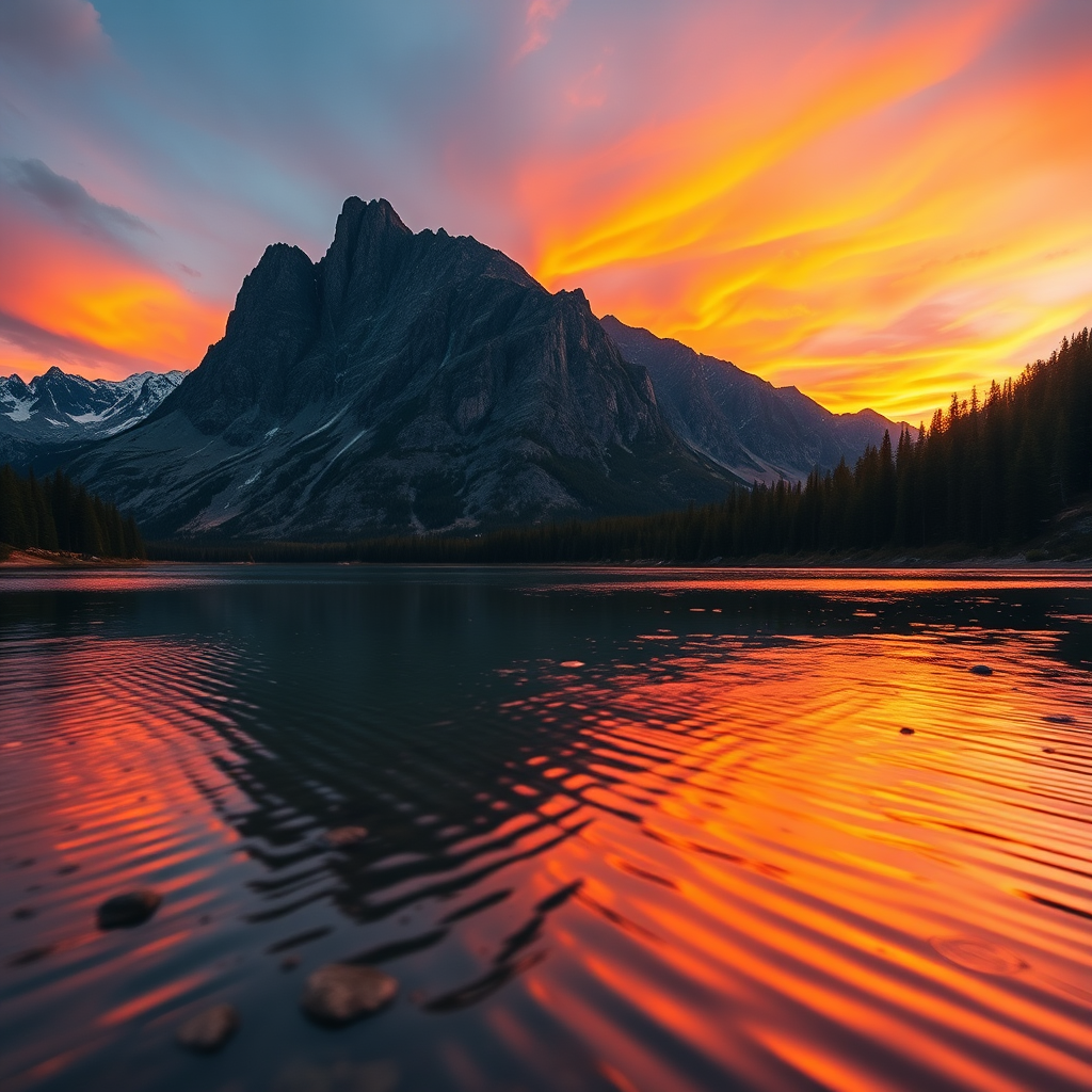 Create a high-resolution image of a serene mountain landscape during sunset, with vibrant colors reflecting on a lake in the foreground, using a DSLR camera with a 24mm lens, f/8 aperture, ISO 100, and a slow shutter speed of 1/60 sec for smooth water effects, shot from a low angle to enhance depth.