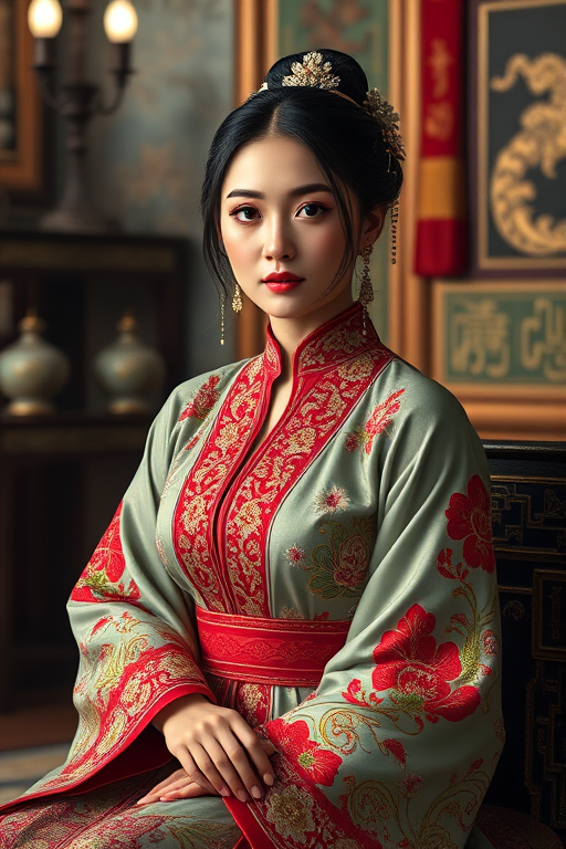 A beautiful Armenian woman in traditional East Asian attire, intricately detailed with embroidered patterns, sitting gracefully in a richly decorated room, soft ambient lighting, serene and elegant, ultra-realistic, 8K resolution