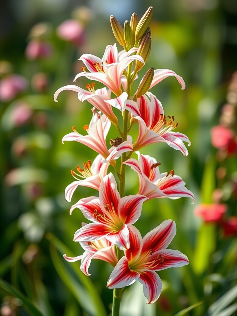 Create a highly detailed botanical illustration of a tall lily plant with multiple flowers, captured with a DSLR camera at f/8 aperture, 50mm lens, natural light, shallow depth of field, vibrant colors, and a soft-focus background to enhance the foreground flowers.