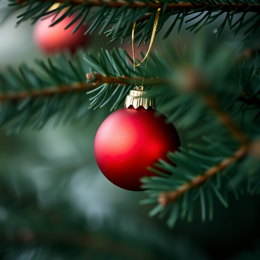 Close-up of a red Christmas ornament with golden cap hanging on a pine tree branch, shallow depth of field, natural light, macro lens, ISO 100, f/2.8, 50mm lens, DSLR camera.