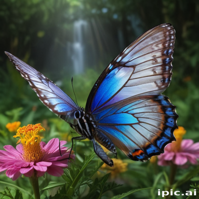 A Vibrant Blue Butterfly Resting Gracefully on Colorful Flowers in Nature.
