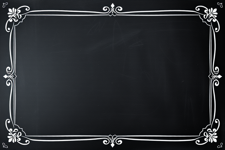 Create a high-resolution image of a textured black chalkboard background with ornate white borders, using a DSLR camera, f/2.8 aperture, 50mm lens, shot in natural lighting for enhanced clarity.