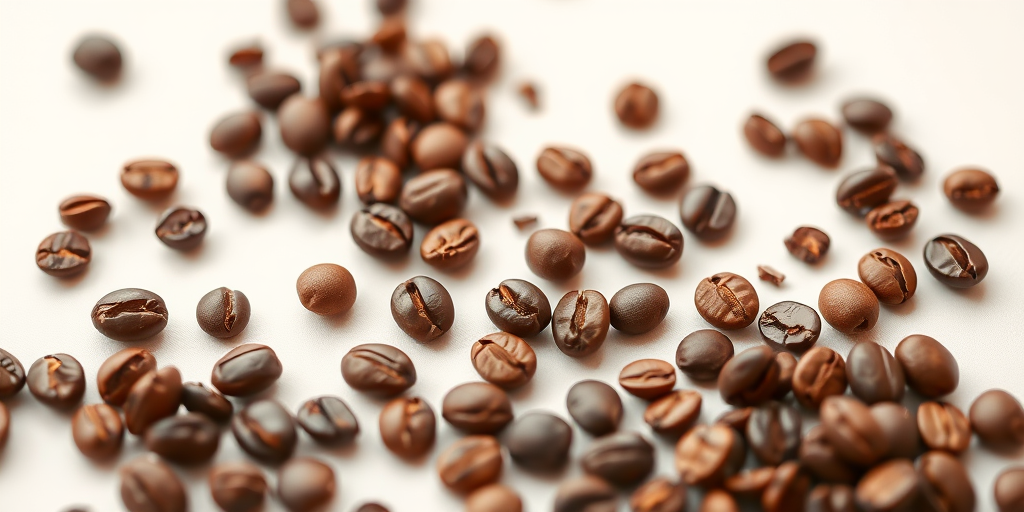 create a high-resolution digital illustration of various chocolate coffee beans scattered randomly with a soft gradient background, using a macro lens at f/2.8, ISO 100, and a 50mm lens to enhance detail and depth of field.