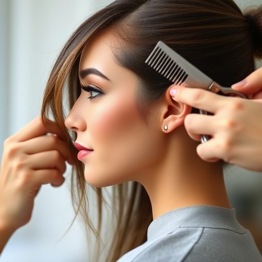 Create a high-resolution vector illustration of a side profile of a woman getting her hair cut, with a stylist holding a comb and scissors, shot with a Canon EOS R5 camera at f/2.8, ISO 100, with a soft focus background to enhance the details of the hair and stylist's hands.