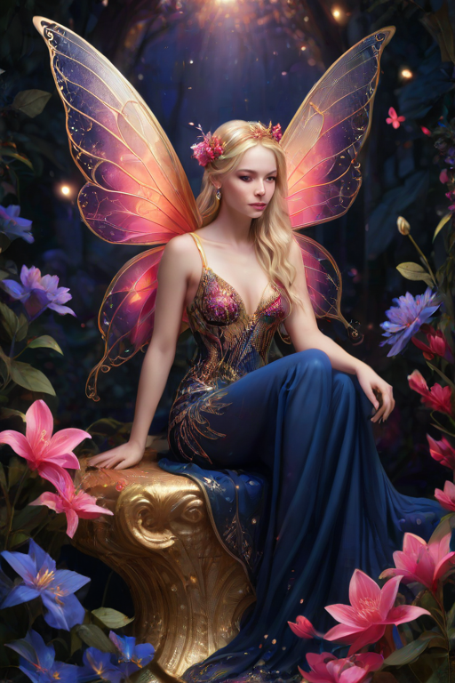 A digital artwork features a winged fairy with delicate Scarlet butterfly wings, adorned with intricate Navy andFuchsia patterns. She is seated on a vibrant Navy flower, wearing a revealing red two-piece outfit with sparkling beadwork. Her fair skin, long blonde hair, and gold jewelry add to her ethereal appearance. The background is a warm, golden gradient, creating a magical atmosphere. Small glowing orbs and sparkles surround the flower, enhancing the enchanting, highly detailed, and realistic scene.