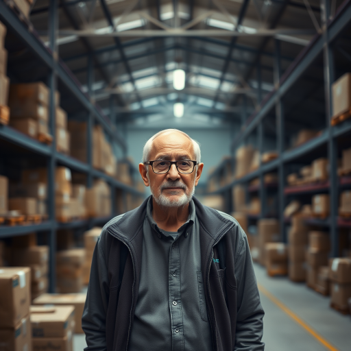 an elderly man with glasses standing in a dimly lit warehouse filled with cardboard boxes, soft natural lighting, shallow depth of field, 50mm lens, f/1.8, ISO 400, 1/100s, captured with a DSLR camera