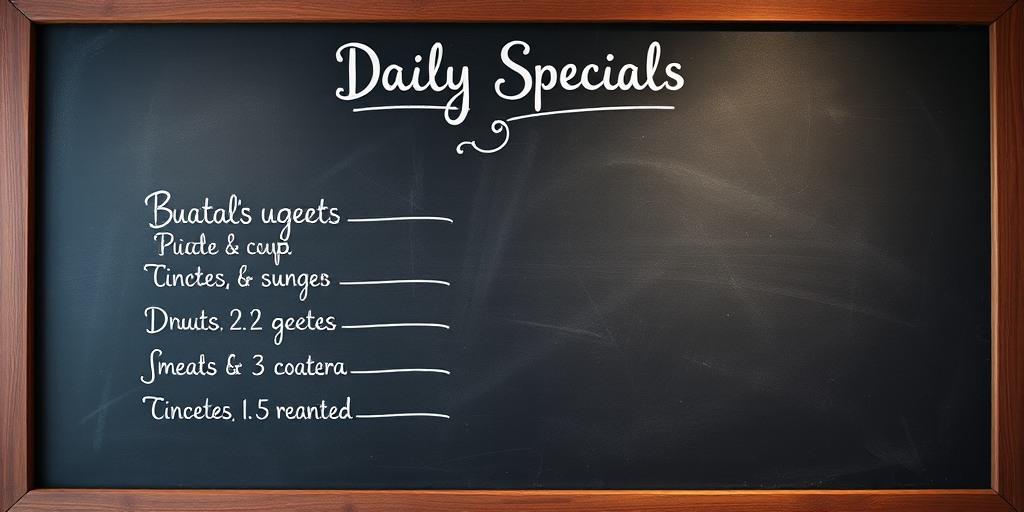 Create a high-resolution image of a chalkboard menu with the title "Daily Specials" at the top, using a DSLR camera with a 50mm lens, aperture f/2.8, ISO 100, shot from a straight-on view and styled with a vintage filter for enhanced warmth and texture.