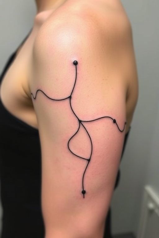 Elegant continuous line tattoo named "Fluid Form" composed of a single unbroken line that flows across the skin creating recognizable shapes and figures with minimal detail negative space plays a crucial role in defining the composition resulting in a deceptively simple yet visually captivating design
