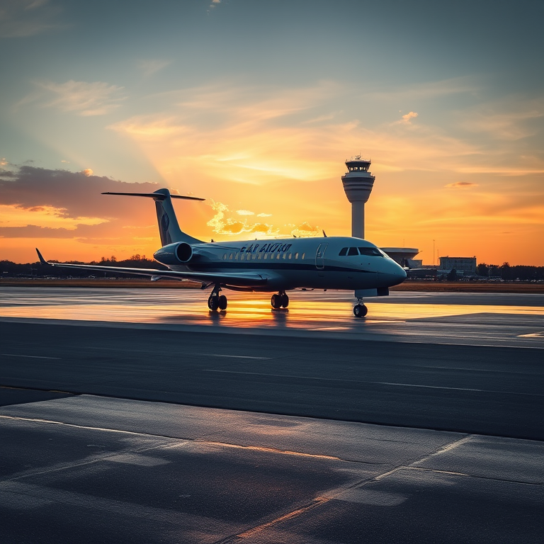 A jet airplane parked on a runway with a control tower in the background during sunset with reflections on wet pavement, shot with a DSLR camera at f/2.8, ISO 100, 24mm lens, in HDR style from a low angle perspective.