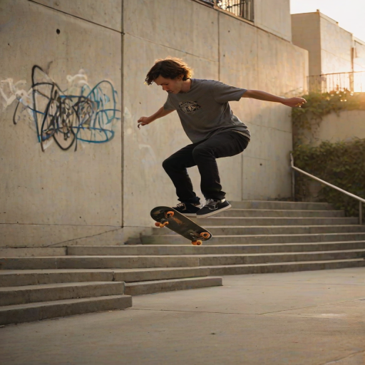 Blurry action shot of a skateboarder performing a flip trick over a stair set, urban graffiti on the walls behind him, and warm evening light casting a soft glow over the concrete.