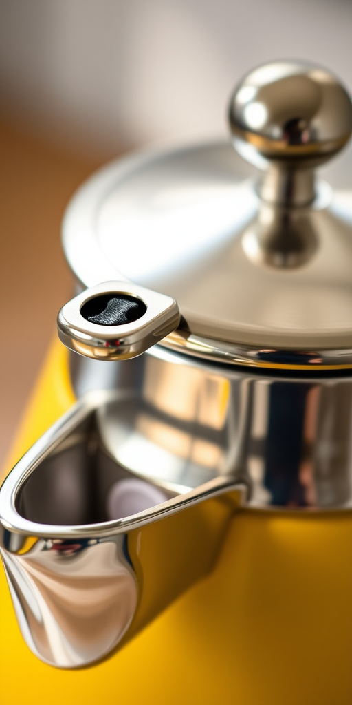 Close-up of a shiny metallic kettle with a yellow body and a lid, captured with a Canon EOS R5, 50mm lens, f/2.8, ISO 100, natural lighting, shallow depth of field, focusing on the edge of the lid and the pouring spout for enhanced detail.