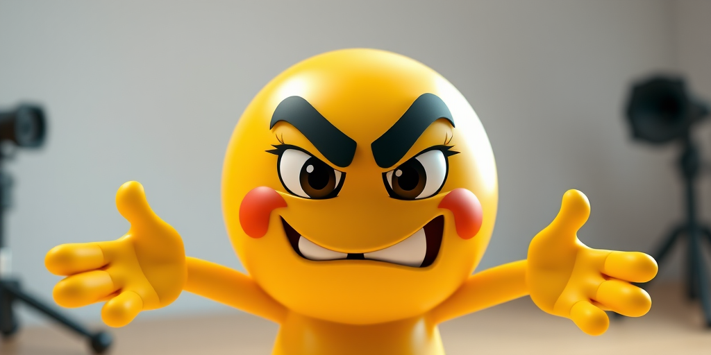 Create a 3D cartoon emoji with a mischievous expression, arms outstretched, vibrant yellow color, high detail, using a DSLR camera at f/2.8, 50mm lens, in a well-lit studio with soft, even lighting, focus on the emoji's face for a dynamic close-up shot.