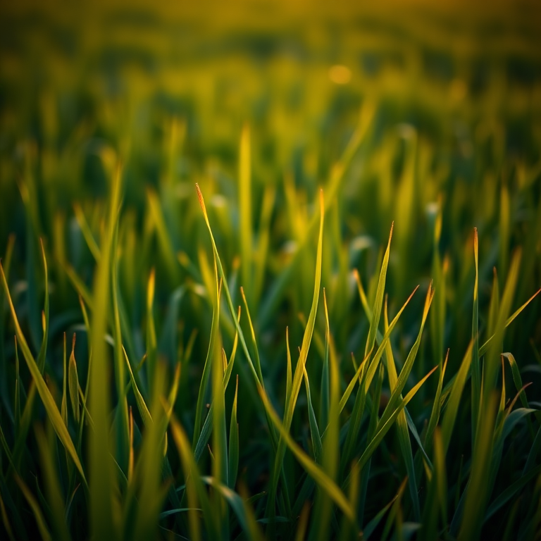 Generate a high-resolution image of a lush green grass field during sunset, with a shallow depth of field, shot at f/2.8, ISO 100, and a focal length of 50mm using a DSLR camera in landscape orientation.