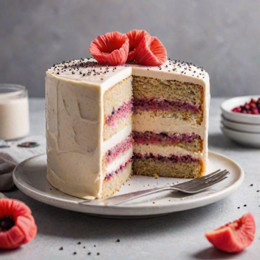 Generate an image of a sliced cake with layers showing a light colored cake with poppy seeds and a pink fruit filling between the layers. The frosting on top is white and smooth, and the cake is presented on a simple plate against a light background.
