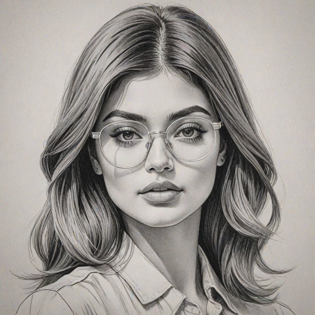 Lovely Kylie Jenner, pencil sketch, portrait of Alluring woman 1960s in glasses, hair style beatnik, outline, clear lines, fine lines, 8k