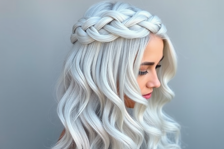 Silvery-white long layers called "Frost Queen" with icy blue undertones, styled in a half-up crown braid with cascading waves for a regal appearance