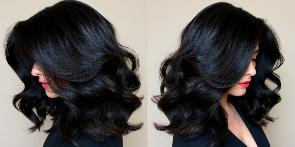 Sophisticated long layers in glossy jet black, styled with voluminous curls and a deep side part, exuding timeless glamour and sophistication