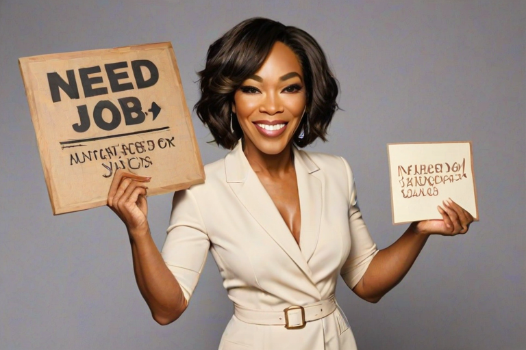 caricature of a smiling Angela Bassett in a Cream dress or suit, holding up a sign that says "NEED A JOB", no watermark,