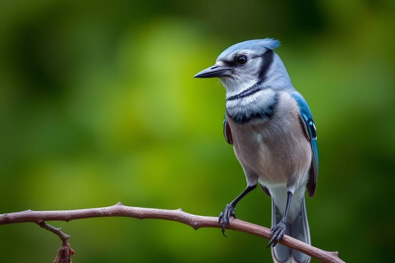Capture a close-up of a blue jay perched on a branch, with a blurred green background, using a DSLR camera, aperture f/4, shutter speed 1/1000s, ISO 200, in vibrant color mode, natural light.