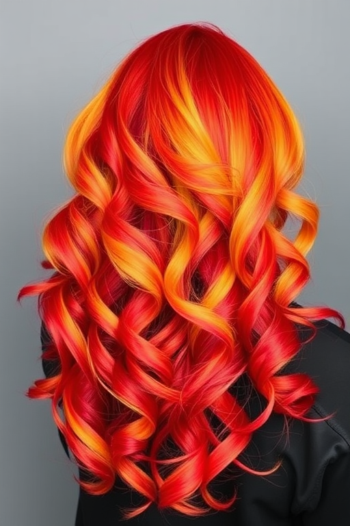 Fierce flame-inspired ombre from deep red roots to vibrant yellow tips, styled in voluminous curls for a bold and dynamic look named Phoenix Rising