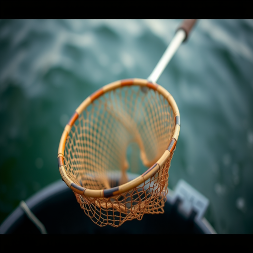 Create a high-resolution image of a fishing net with a long handle, captured from a low angle using a DSLR camera with a 50mm lens, aperture set to f/2.8, ISO 100, and a shallow depth of field to emphasize the net against a blurred background.