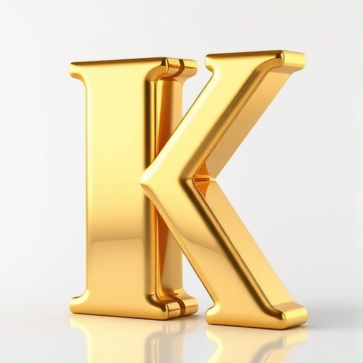 Generate a high-resolution image of a large, shiny, three-dimensional gold letter K with a smooth gradient and reflections, using a Canon EOS 5D Mark IV at f/2.8, ISO 100, 50mm lens, positioned at eye level with soft lighting for a polished finish.