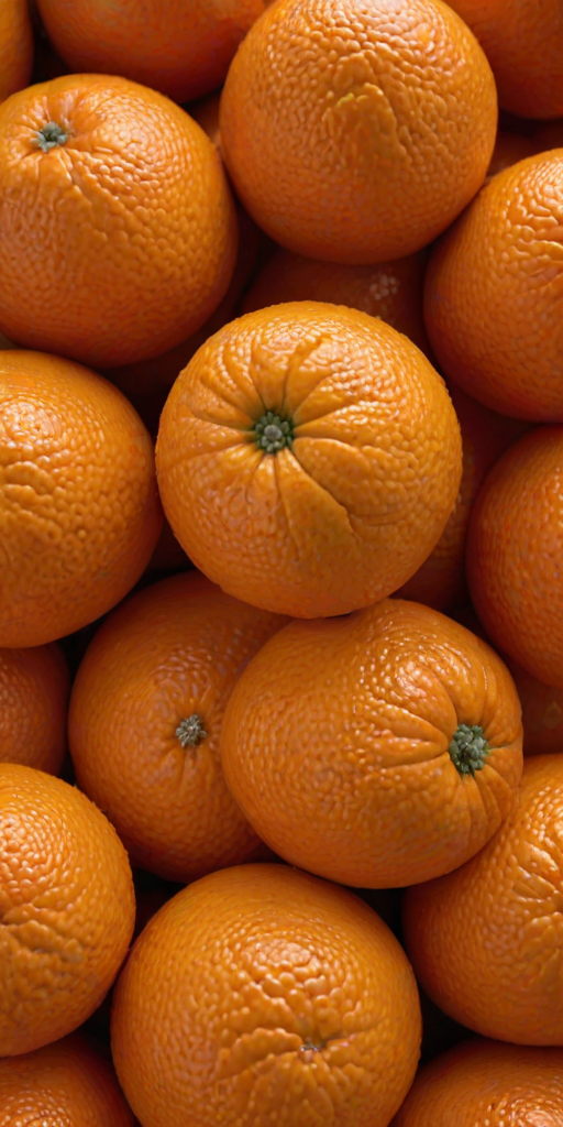 A close-up view of a collection of fresh, ripe oranges stacked closely together, showcasing their vibrant orange color and textured skin.