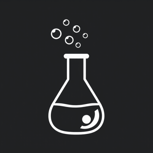 Create an image of a black and white laboratory flask icon with bubbles above it, using a DSLR camera with a 50mm lens, aperture set to f/1.8, ISO 200, in high contrast and sharp focus, front view, flat design style.