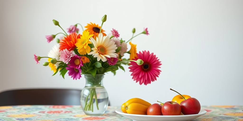 Still life of a vibrant flower arrangement in a vase with a colorful table setting featuring fruits on a plate, photographed using a DSLR camera with a 50mm lens, aperture f/1.8, ISO 100, natural lighting, shot from a slight elevation to enhance depth and detail.