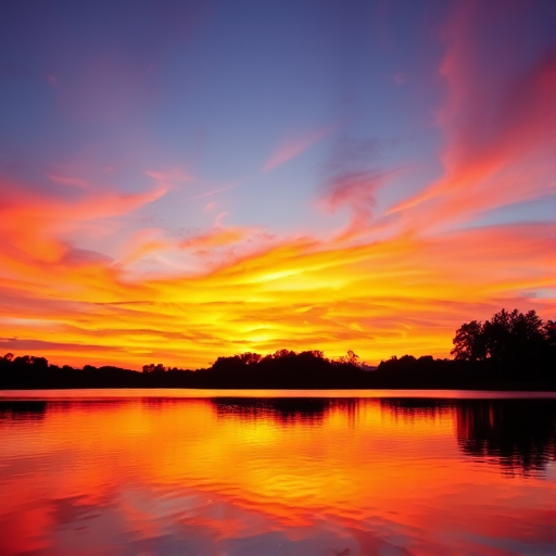 Generate a high-resolution image of a vibrant sunset over a quiet lake, taken with a DSLR camera at a focal length of 35mm, aperture f/8, ISO 100, shot from a low angle view using a wide-angle lens to capture the reflection of the colors in the water, emphasizing the rich hues in the sky and their mirrored effect on the surface.