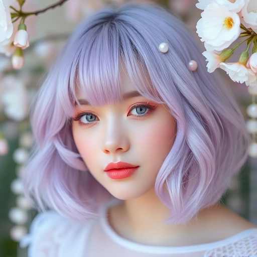 Pastel lavender bob with soft wispy bangs frames her face, accented by delicate pearl-like beads woven throughout, giving an ethereal and dreamy appearance reminiscent of a blooming garden.