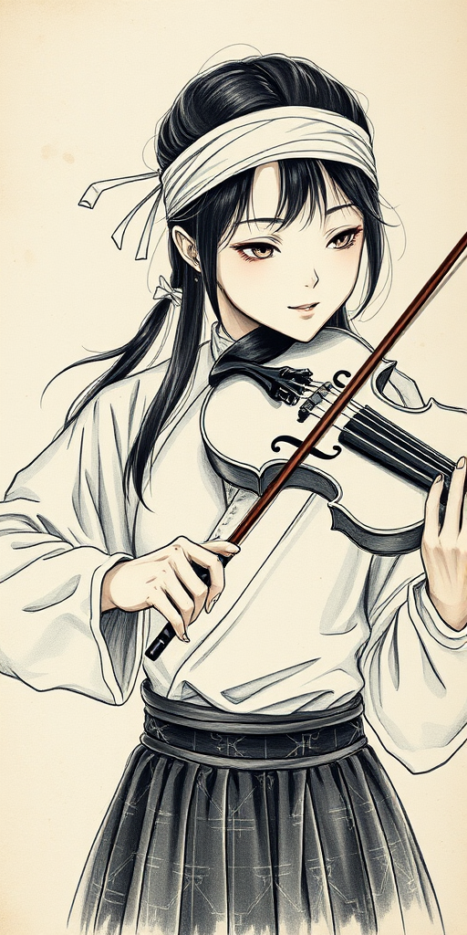 a young Ainu woman with a white headband playing a violin, in the style of a charcoal drawing, sepia grunge background