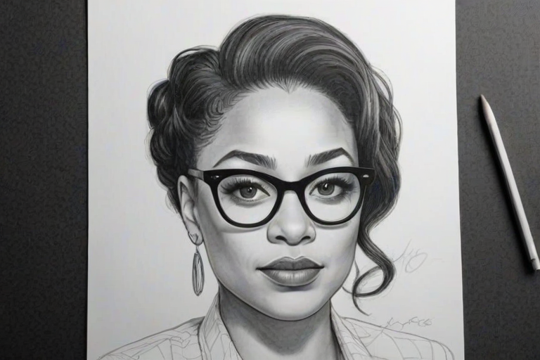 Attractive Raven Symone, pencil sketch, portrait of Captivating woman 1946s in glasses, hair style beatnik, outline, clear lines, fine lines, 8k
