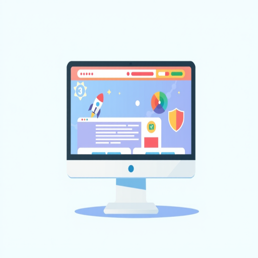 Create an illustration of a computer monitor displaying a vibrant website with icons representing a rocket, a number one badge, a color wheel, and a shield on a light blue background, captured using a Canon EOS 5D Mark IV, 50mm lens, f/2.8 aperture, ISO 100, with a sharp focus and bright colors.