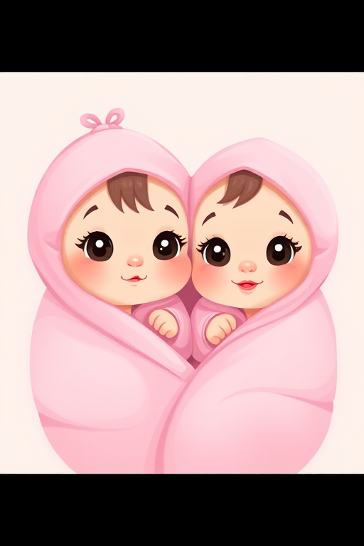 Create a digital illustration of two cartoon babies swaddled in pink, with round faces and large eyes, use a soft pastel color palette, incorporate a slight shadow effect for depth, camera settings: f/4 aperture, 50mm lens, natural light, low angle view, vector style design.