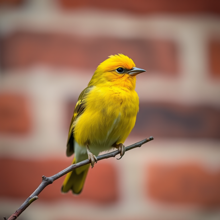 A vibrant yellow bird perched on a branch against a blurred brick wall background, captured with a Canon EOS-1D X Mark III, 85mm lens, f/2.8 aperture, ISO 400, shallow depth of field for enhanced focus on the bird.
