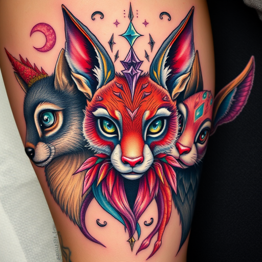 Neo-traditional color realism tattoo named "Enchanted Menagerie" featuring a collection of whimsical animal portraits with exaggerated features and fantastical elements such as glowing eyes ethereal auras and surreal color palettes blending realistic rendering techniques with stylized artistic interpretations to create a dreamlike fusion of reality and imagination that brings mythical creatures to life on the skin