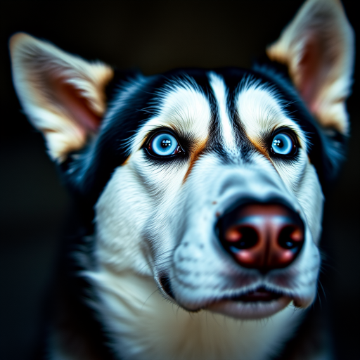 Close-up portrait of a Siberian Husky with striking blue eyes, captured in low light with a shallow depth of field, using a Canon EOS R5 with a 50mm f/1.2 lens at ISO 100, shutter speed 1/200s, shooting in RAW for enhanced detail and clarity.