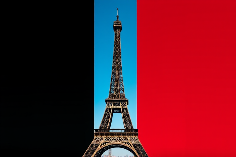 Create an image of the Eiffel Tower silhouette in front of a vertical tricolor background of black, yellow, and red, captured with a DSLR camera, 50mm lens, f/1.8 aperture, ISO 100, in bright daylight with a clear blue sky.
