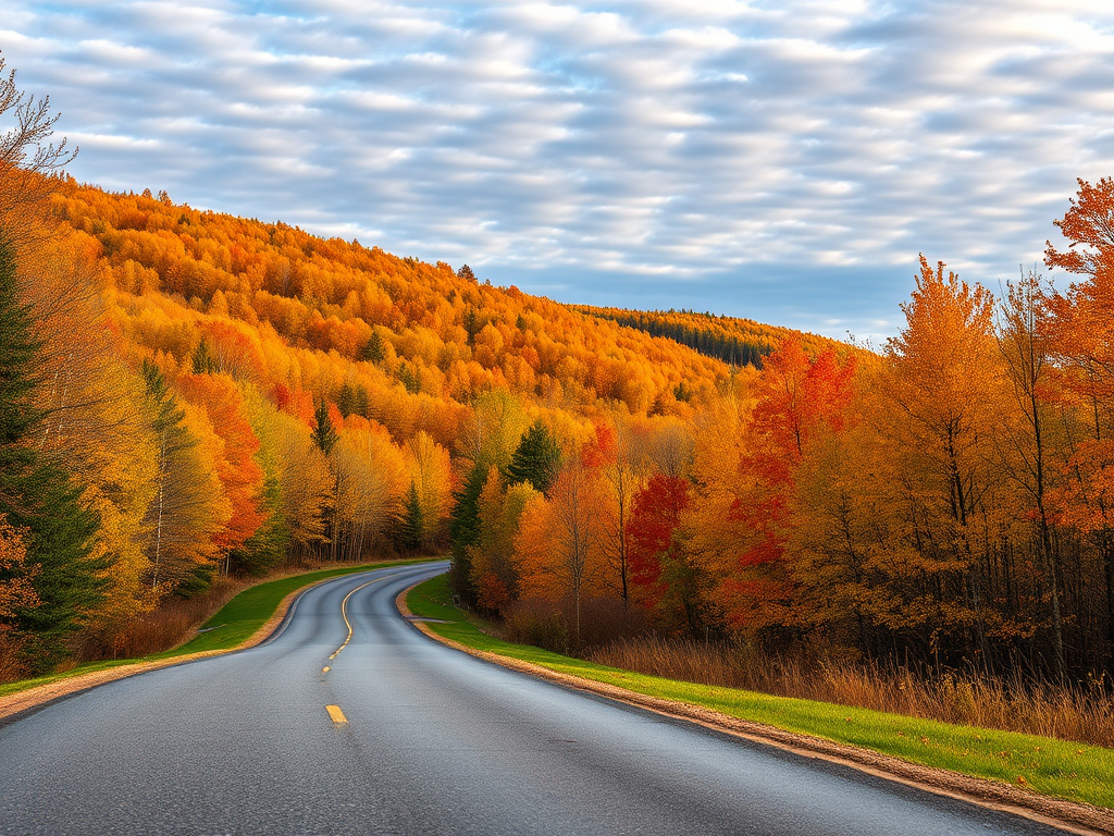 autumn landscape with a winding road surrounded by colorful trees, early morning light, 24mm lens, f/8 aperture, ISO 100, shot with a DSLR camera at a low angle for depth perspective, emphasize vibrant colors and cloud patterns in the sky