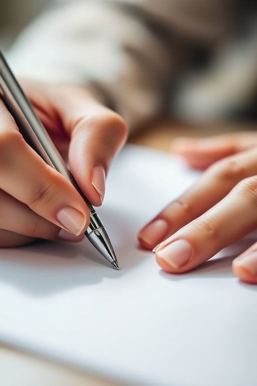 a close-up shot of a person's hands writing with a silver pen on a blank sheet of paper, soft natural light, shallow depth of field, aperture f/2.8, ISO 100, 50mm lens, Nikon DSLR camera